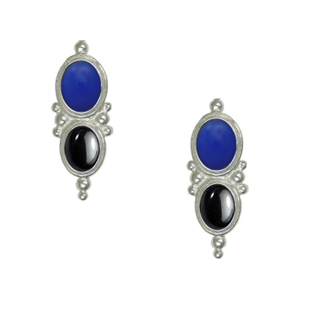 Sterling Silver Drop Dangle Earrings With Blue Onyx And Hematite